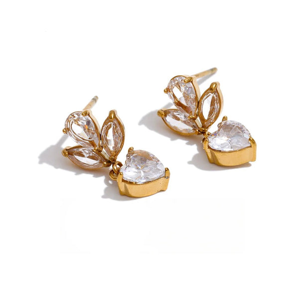 Cubic Zirconia Heart Flower Earrings — Gold-Plated Stainless Steel with Cubic Zirconia · PS1308
