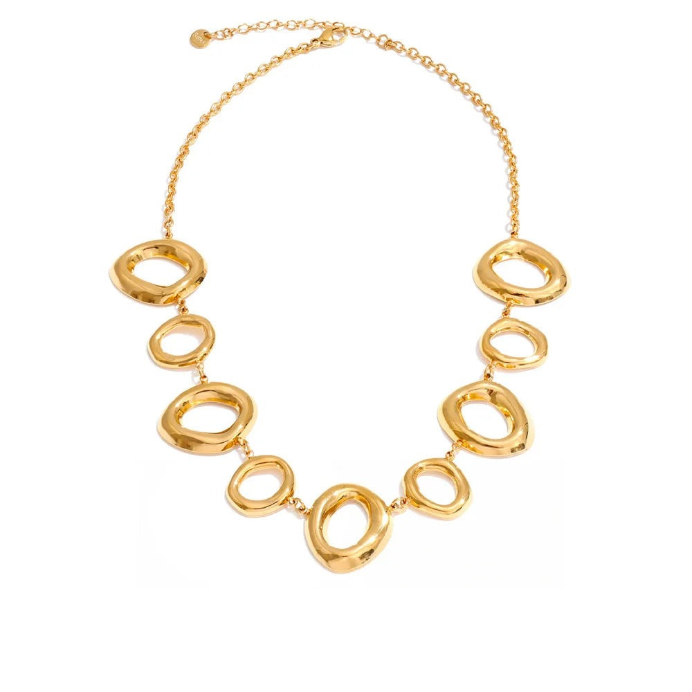 Gold-plated stainless steel necklace with multiple circular designs.