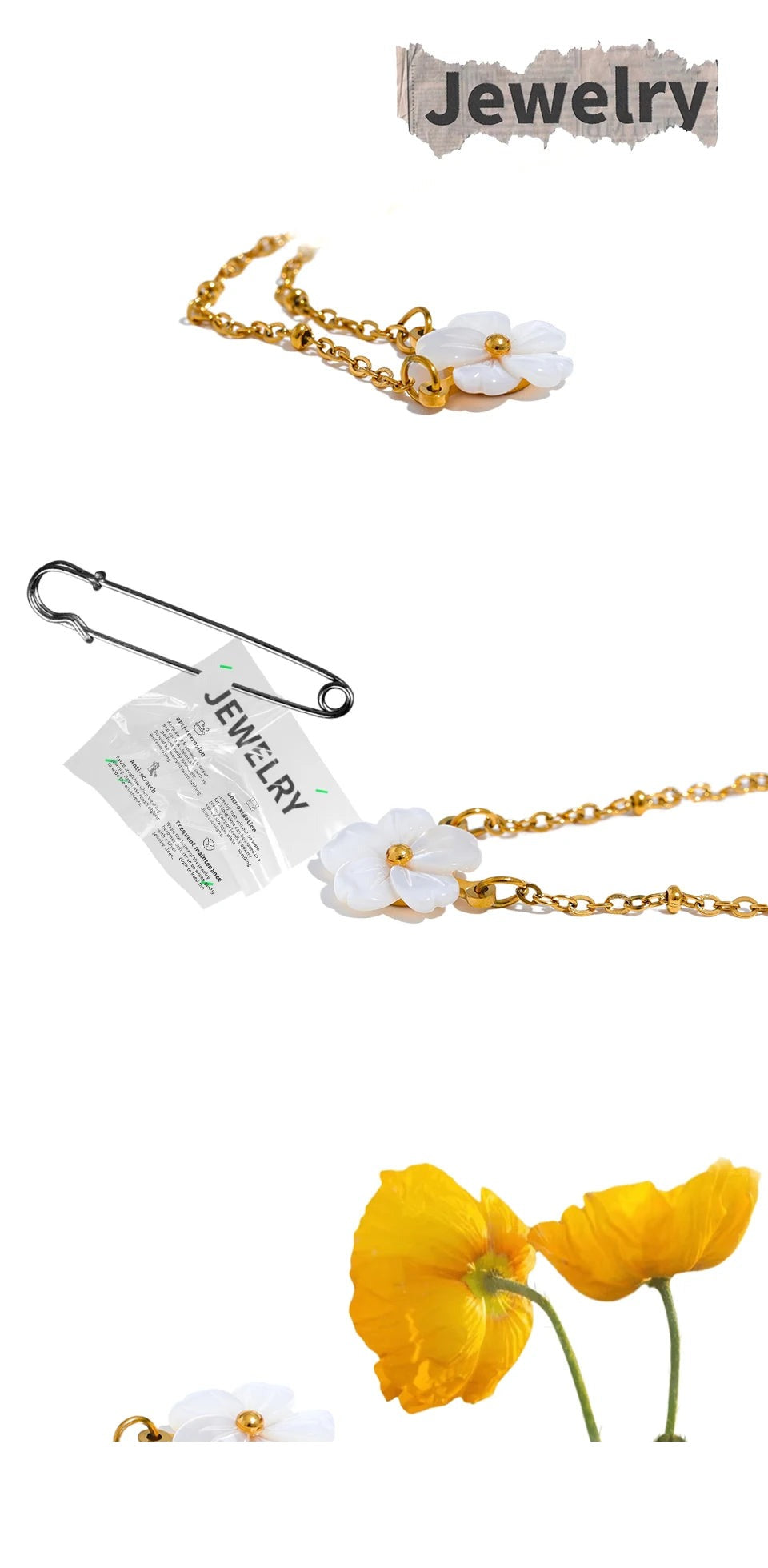 Shell flower chain necklace in gold-plated stainless steel with shell.