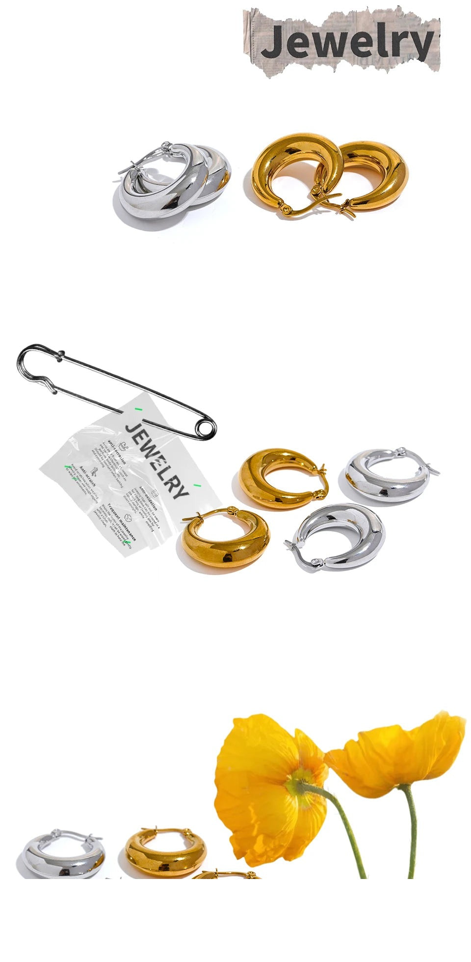 Hammered geometric earrings in 18K gold-plated stainless steel.
