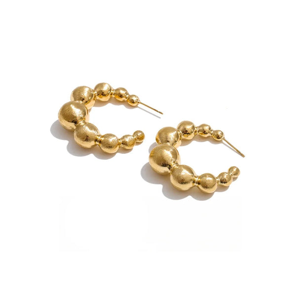Gold-plated stainless steel hoop earrings with a large spherical bead.