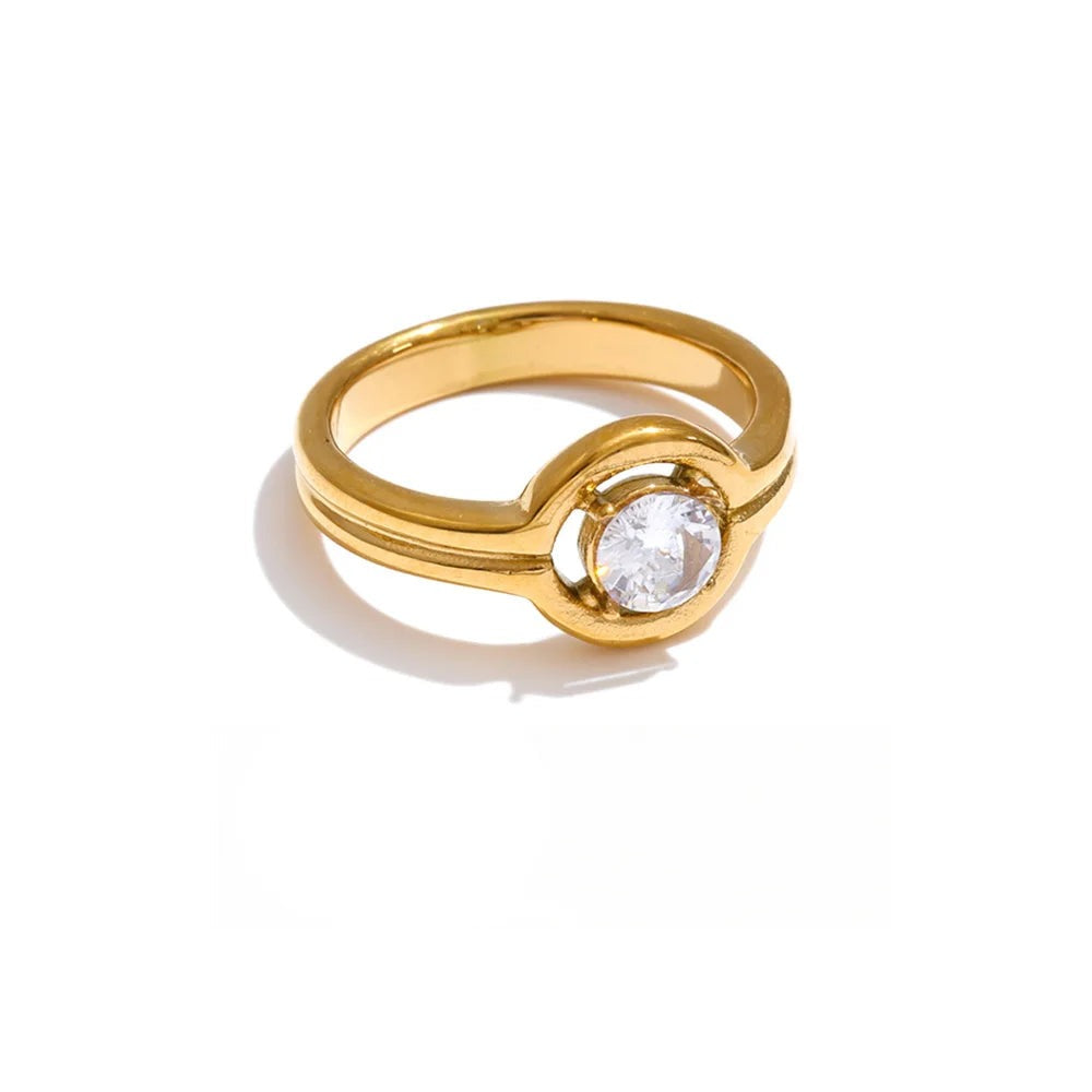 Gold-plated stainless steel ring with cubic zirconia.