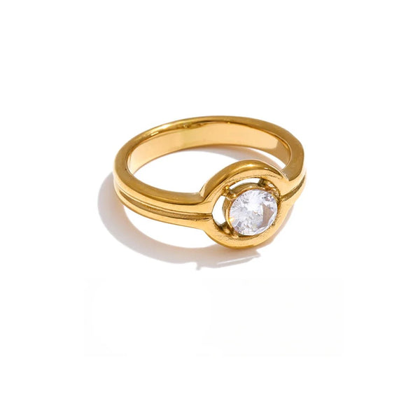 Gold-plated stainless steel ring with cubic zirconia.