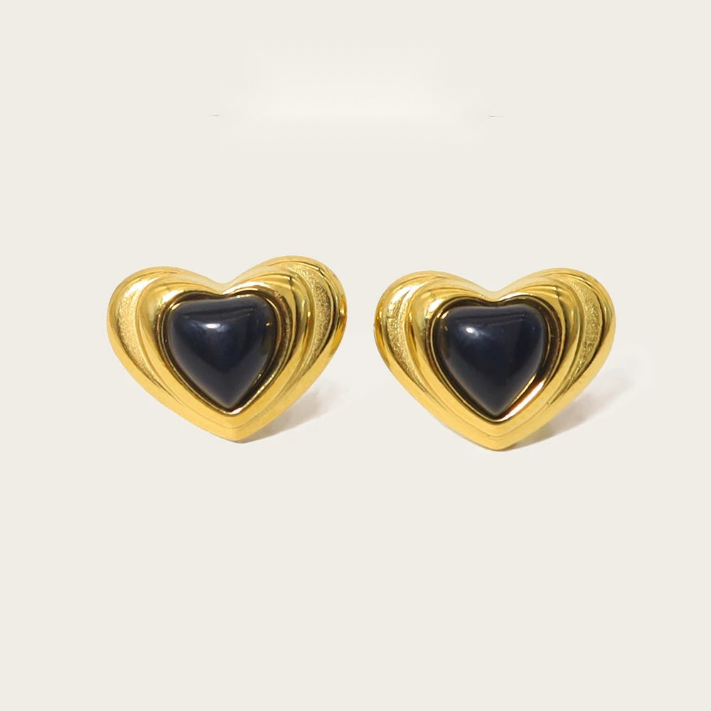 Stud Piercing Earrings Black Stone Heart — 316L Stainless Steel · PS453