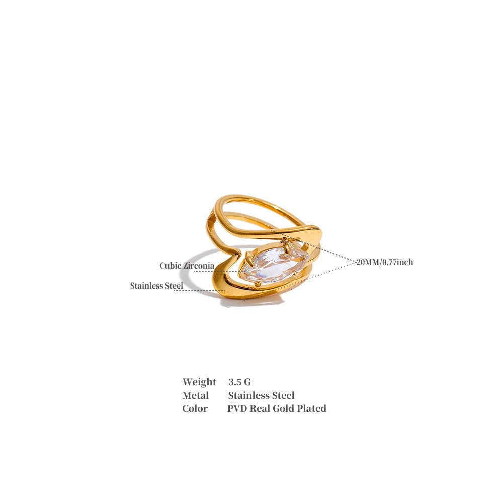 Cubic zirconia geometric ring in 18K gold-plated stainless steel with cubic zirconia.