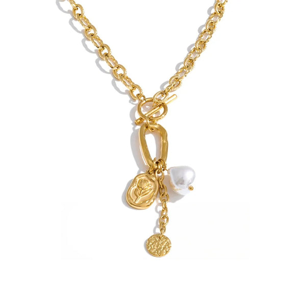 Gold-plated stainless steel necklace with pearl pendant featuring a small gold chain.