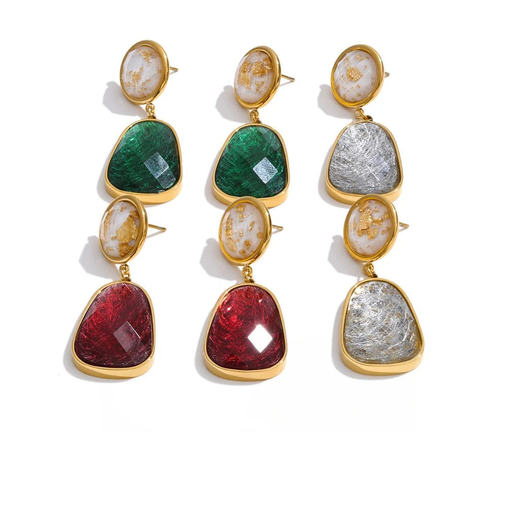 Gold-plated stainless steel earrings with resin, featuring a variety of colorful stones.