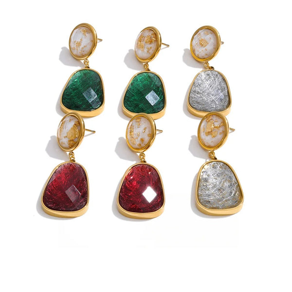 Gold-plated stainless steel earrings with resin, featuring a variety of colorful stones.