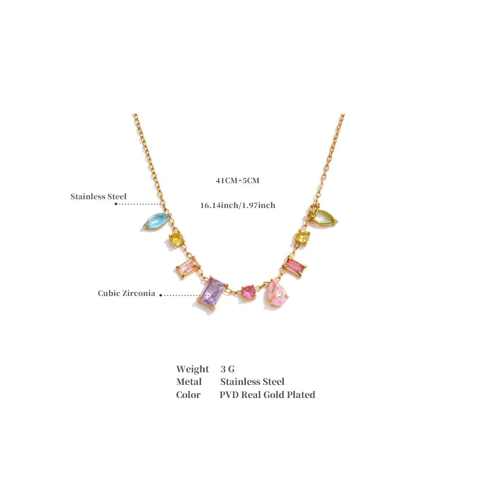 White cubic zirconia multi-color necklace in gold-plated stainless steel with cubic zirconia.