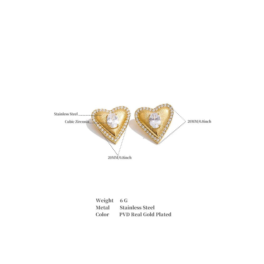 Cubic zirconia heart earrings in gold-plated stainless steel with cubic zirconia.