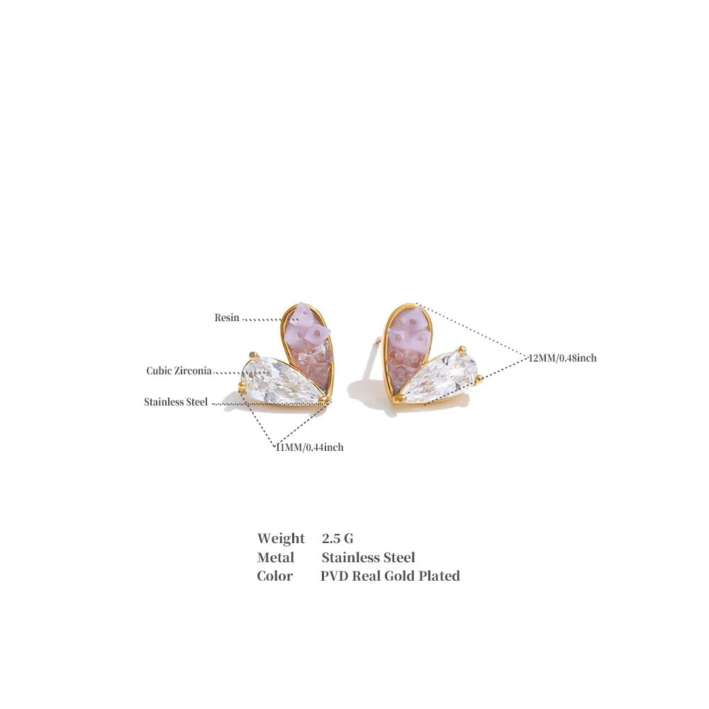 Cubic zirconia resin heart earrings in gold-plated stainless steel with cubic zirconia and resin.