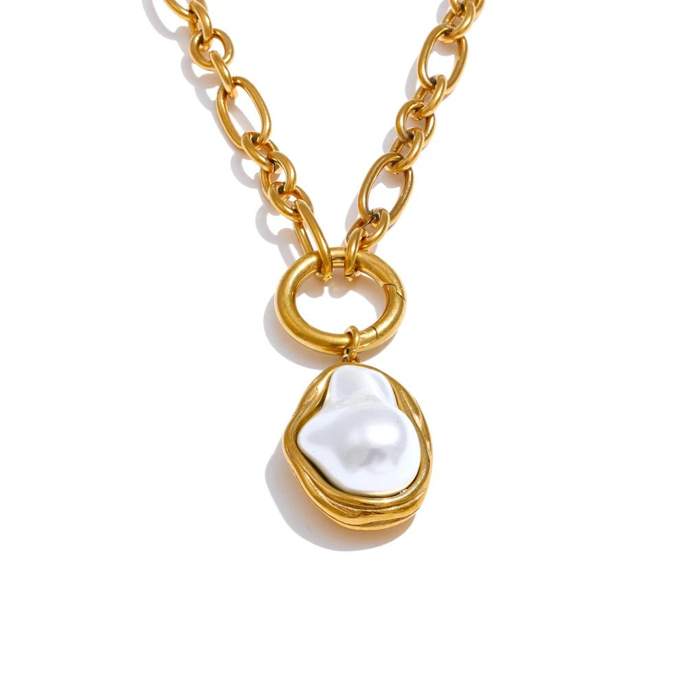 Gold-plated stainless steel pearl necklace with a large pearl pendant and a small pearl charm.