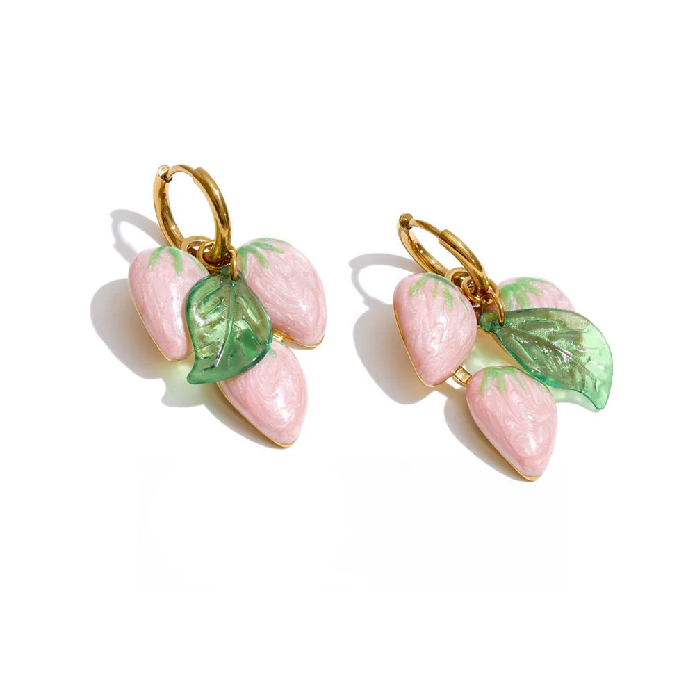 Gold-plated stainless steel earrings with pink leaves and a green leaf design.