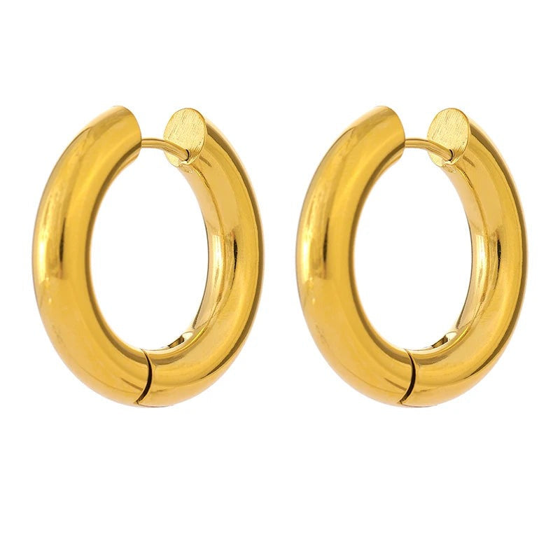 Gold-plated stainless steel hoop earrings with a large ring and small ring.