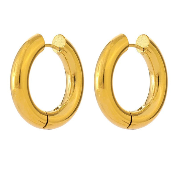 Gold-plated stainless steel hoop earrings with a large ring and small ring.
