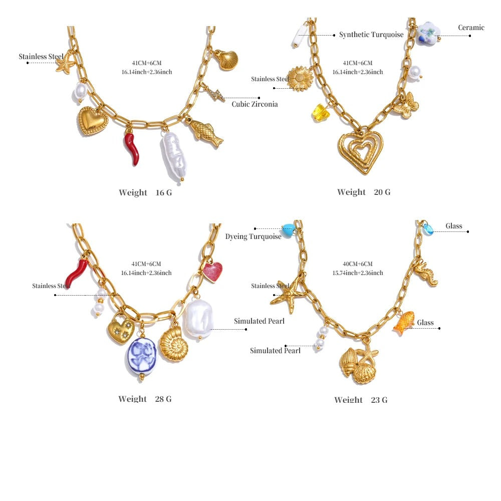 Pearl shell flower necklace in gold-plated stainless steel with pearl and shell.