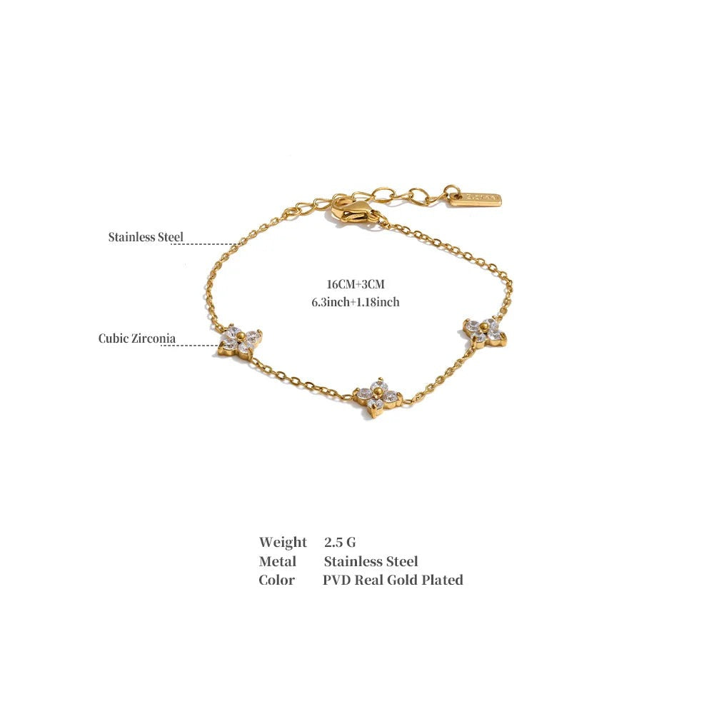 Cubic Zirconia Flower Chain Bracelet — Gold-Plated Stainless Steel with Cubic Zirconia · PS1539