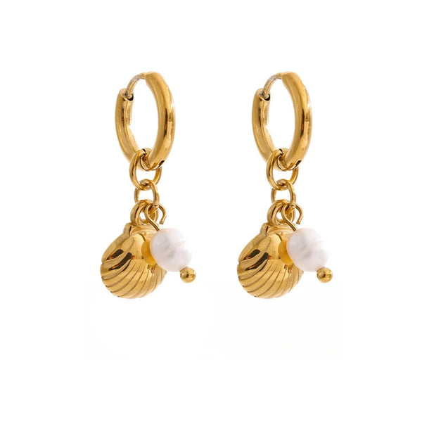 Gold-plated stainless steel earrings with freshwater pearl and shell.