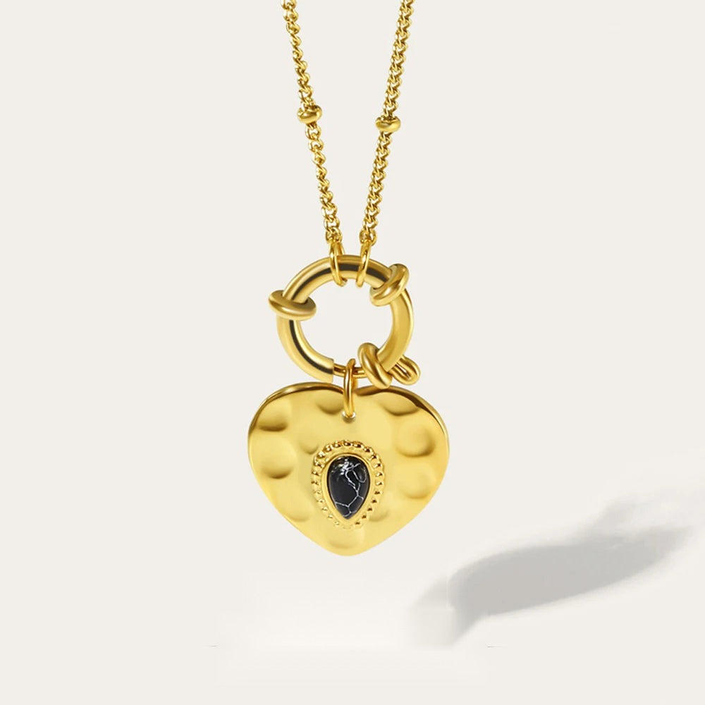 Heart Pendant Necklace Black Natural Stone Metal Texture — 316L Stainless Steel · PS467