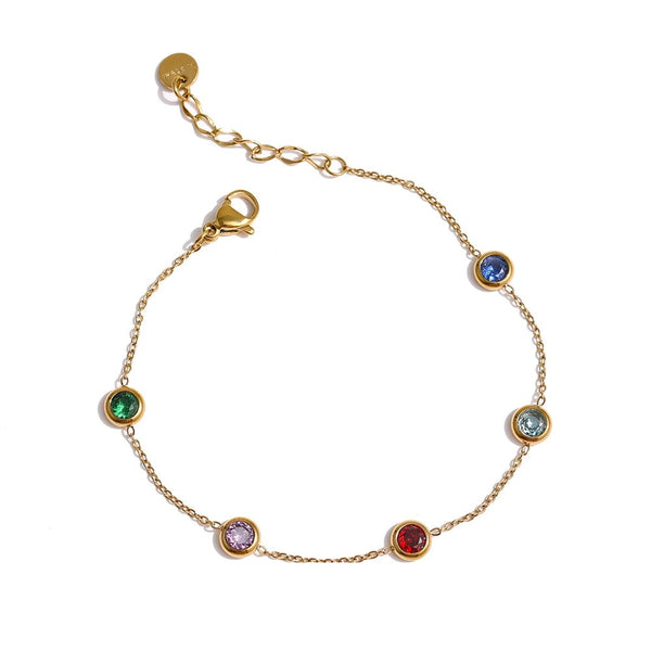 Cubic zirconia multi-color geometric necklace in gold-plated stainless steel with cubic zirconia.
