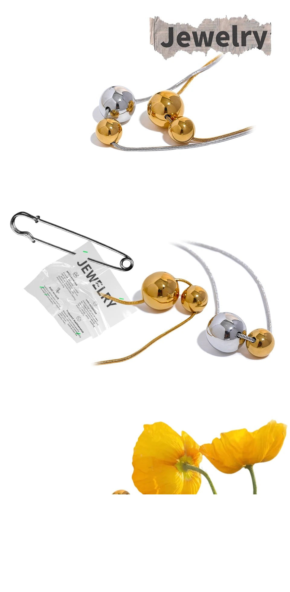 Beaded geometric necklace in gold-plated stainless steel.