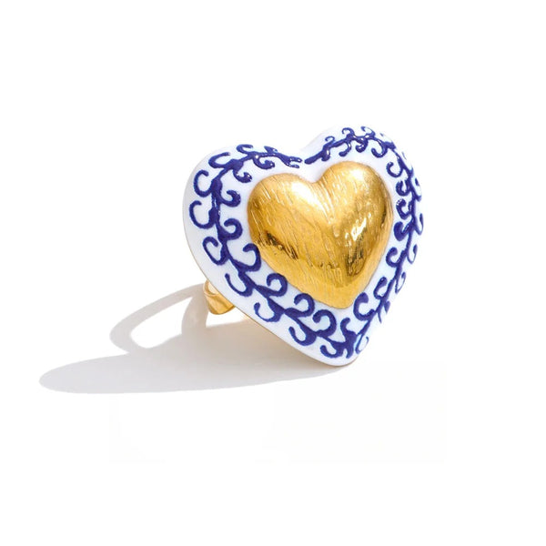 Gold-plated stainless steel ring with a blue heart design.