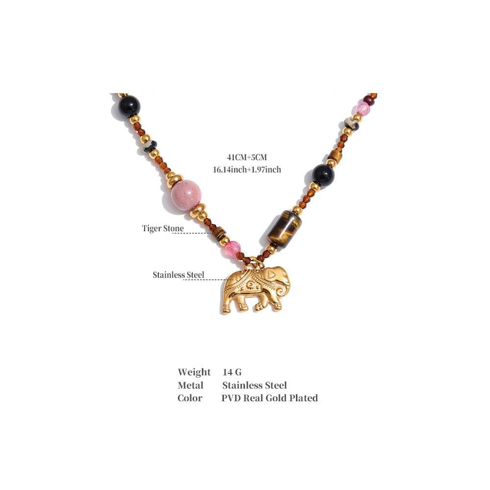 Natural stone beaded chain necklace in gold-plated stainless steel with natural stone.
