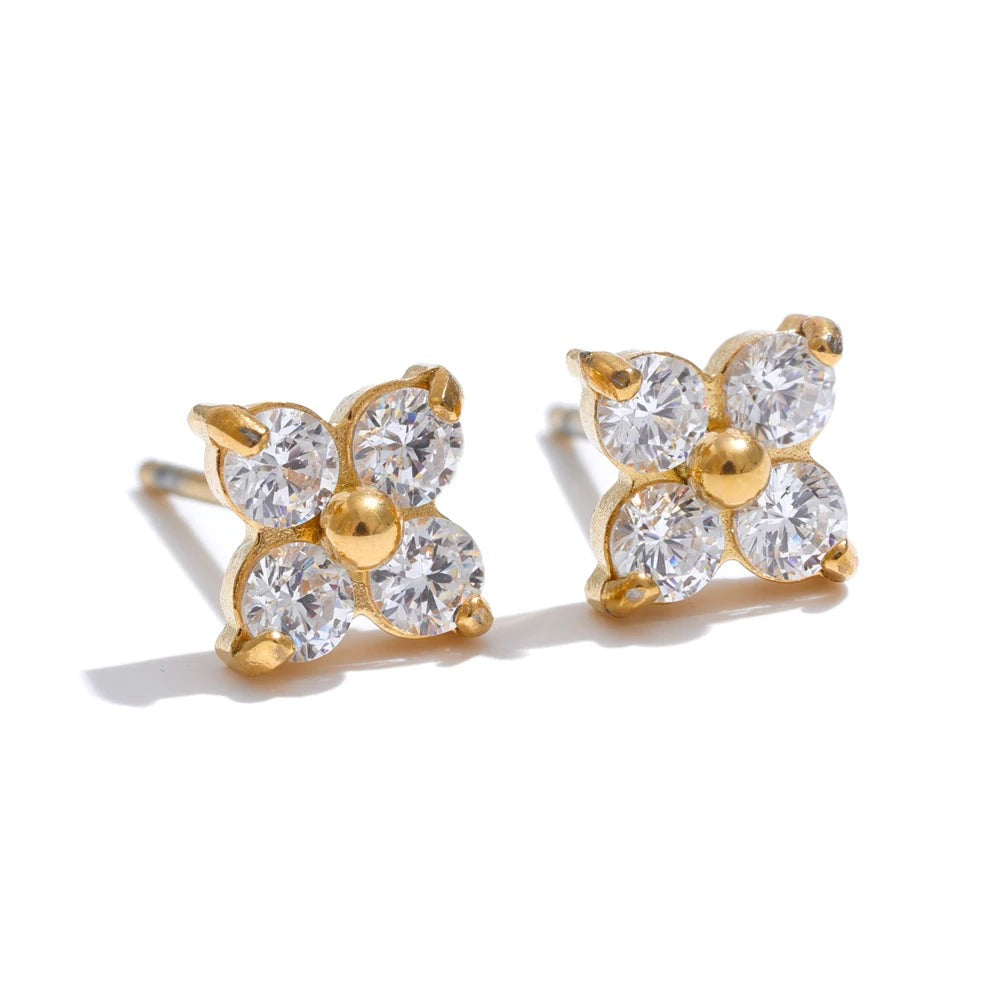 Cubic Zirconia Flower Earrings — Gold-Plated Stainless Steel with Cubic Zirconia · PS2236