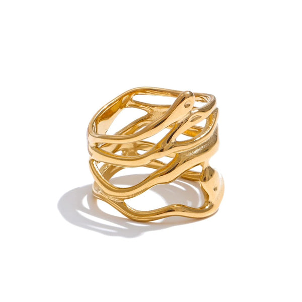 Gold-plated 316l stainless steel ring with intricate design.