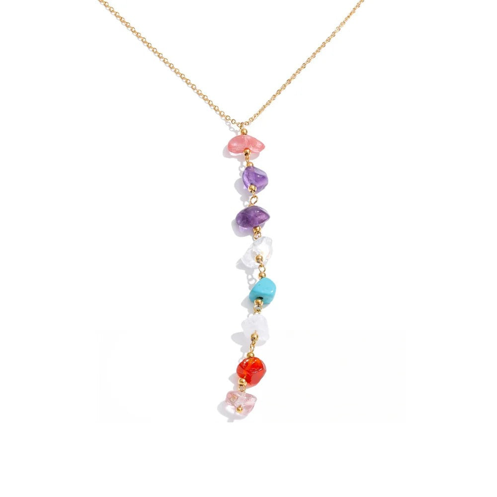 Gold-plated stainless steel necklace with natural stone and resin beads.