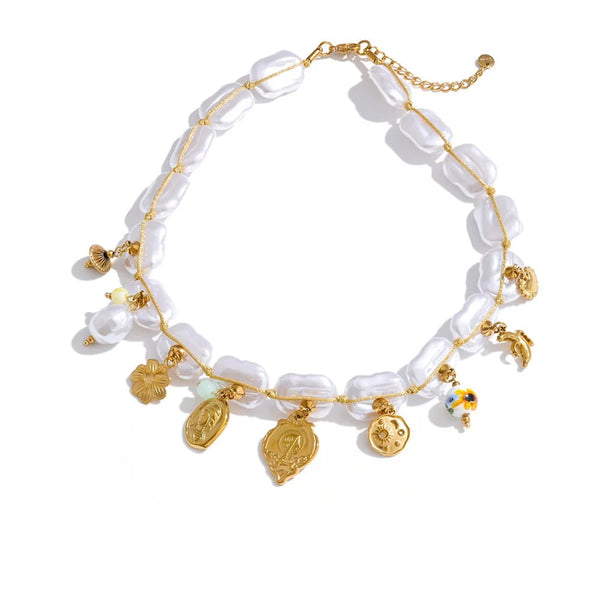 Gold-plated stainless steel pearl necklace with religious medallions.