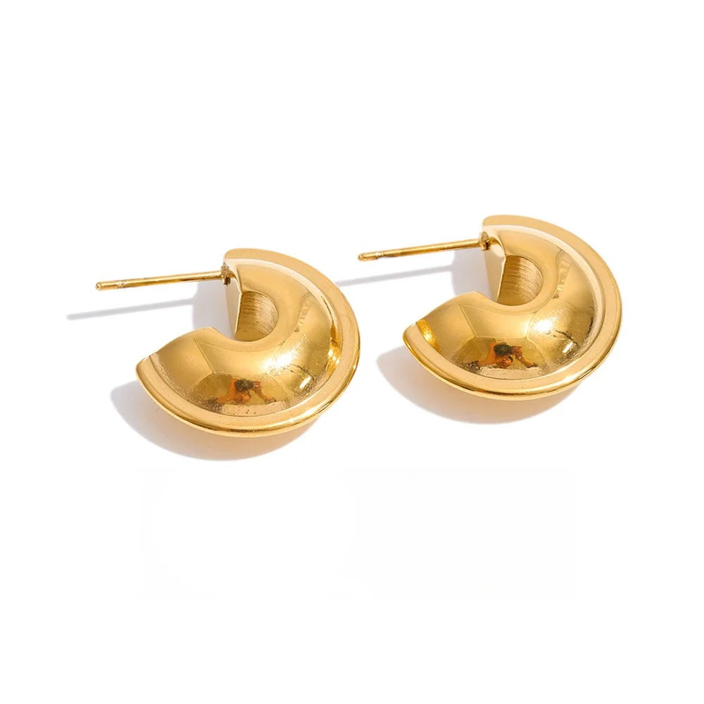 Gold-plated stainless steel earrings with a unique design featuring two curved shapes resembling a stylized shell or leaf.