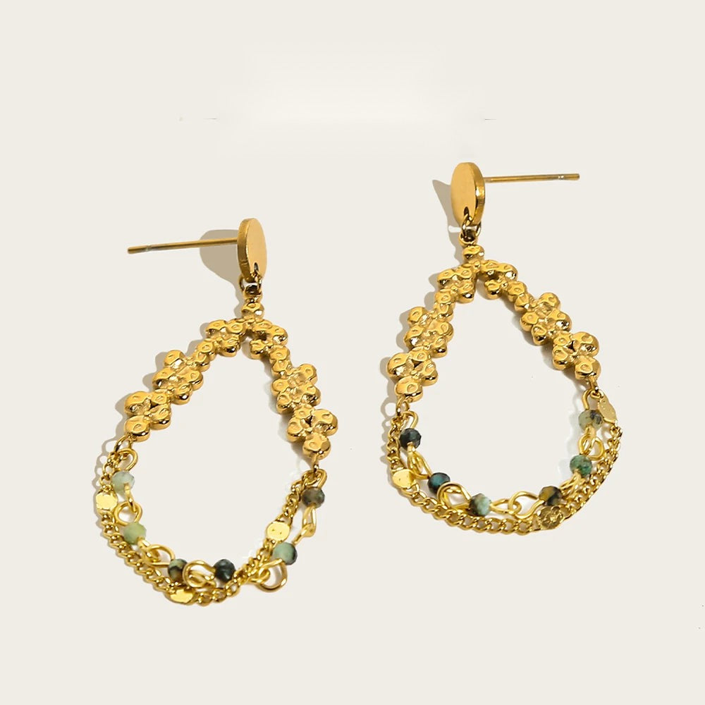 Natural Stone Chain Dangle Earrings — 316L Stainless Steel · PS479