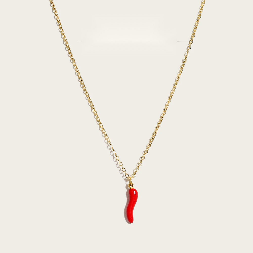 Chain Necklace Enamel Red Hot Pepper Pendant — 316L Stainless Steel · PS474