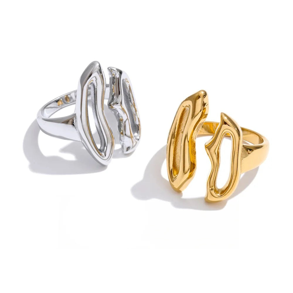 Gold-plated stainless steel ring with a unique design.