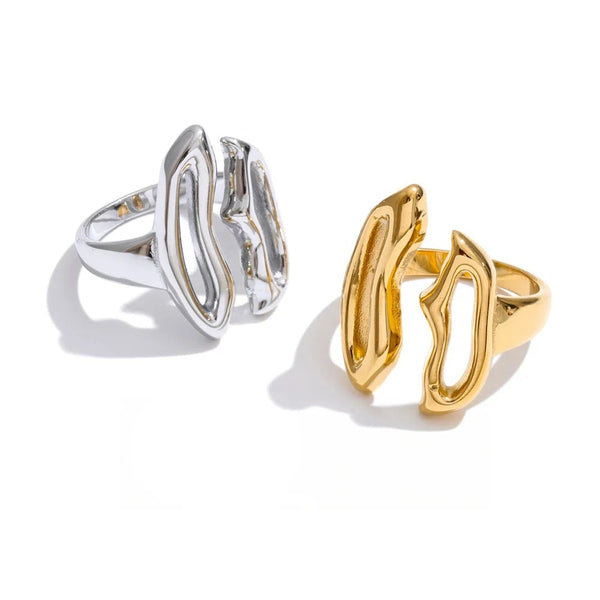 Gold-plated stainless steel ring with a unique design.