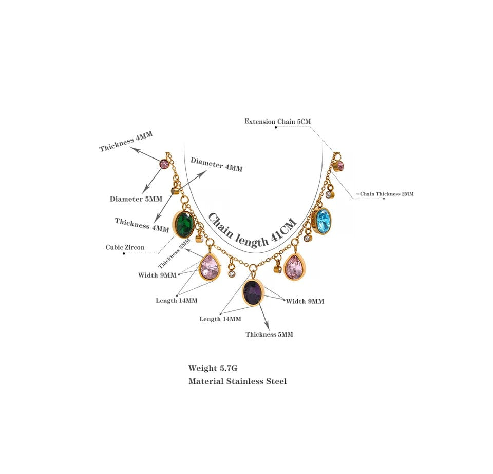 Cubic zirconia multi-color geometric necklace in gold-plated stainless steel with cubic zirconia.