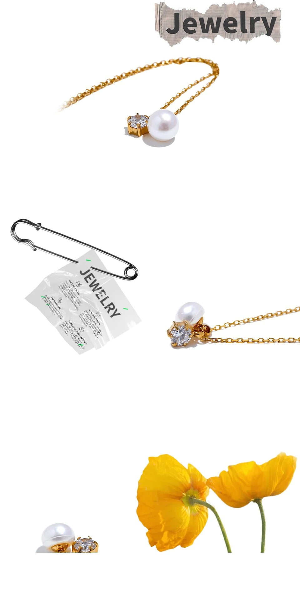 Cubic zirconia pearl geometric necklace in gold-plated stainless steel with pearl and cubic zirconia.