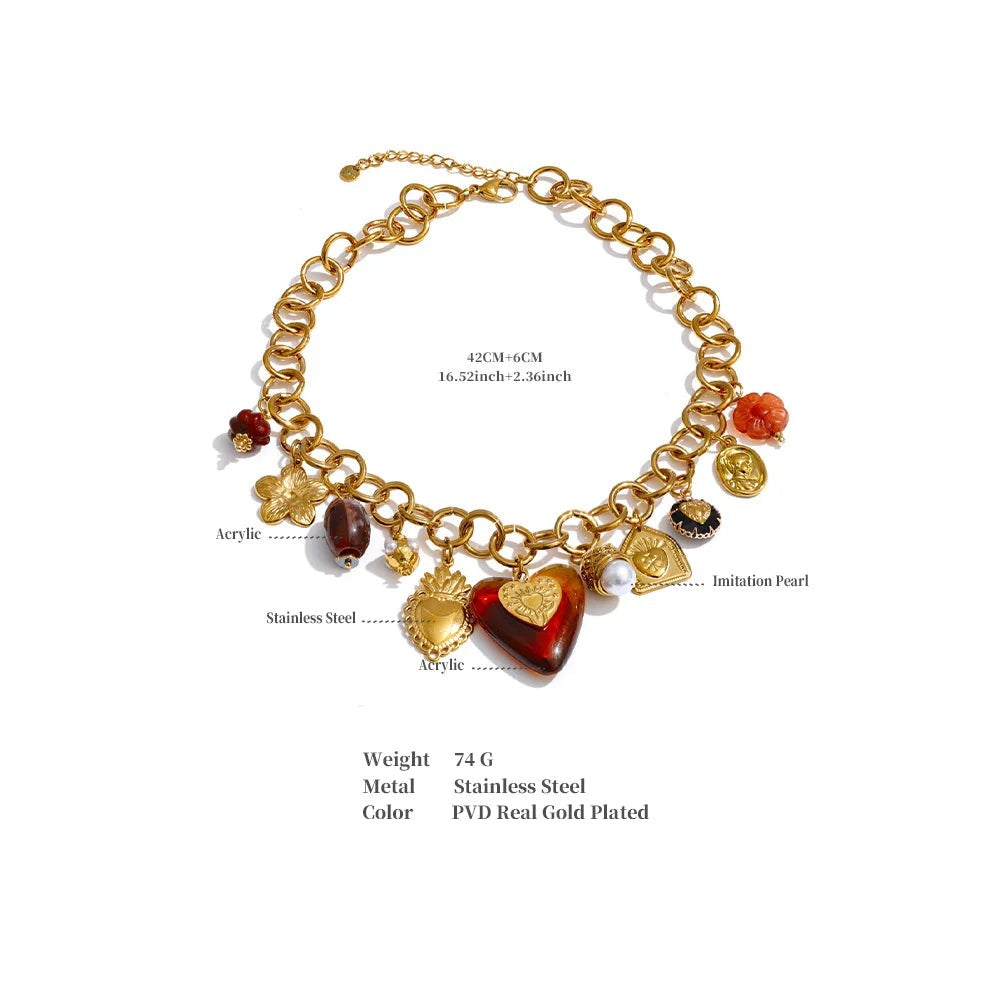 Acrylic Heart Flower Necklace — Gold-Plated Stainless Steel with Acrylic · PS1847