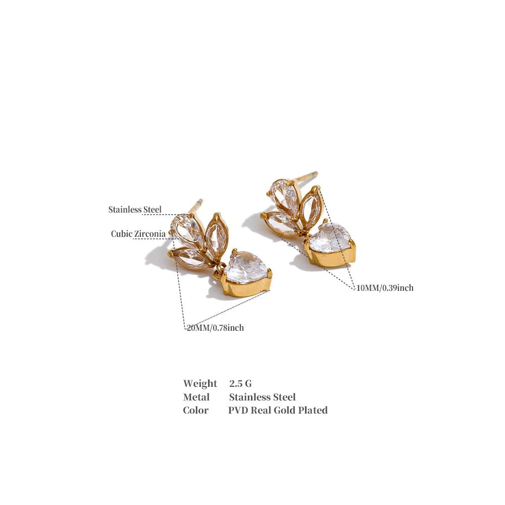 Cubic Zirconia Heart Flower Earrings — Gold-Plated Stainless Steel with Cubic Zirconia · PS1308