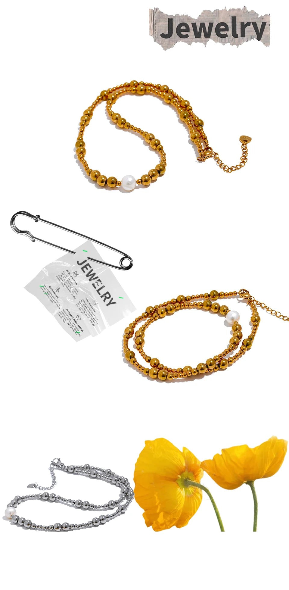 Freshwater pearl geometric necklace in 18K gold-plated stainless steel with freshwater pearl.