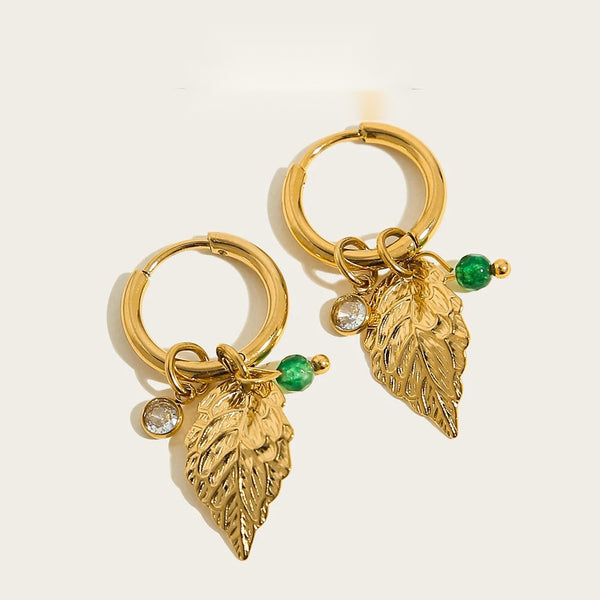 Hoop Earrings Metal Leaf Crystal Pendants — 316L Stainless Steel · PS457