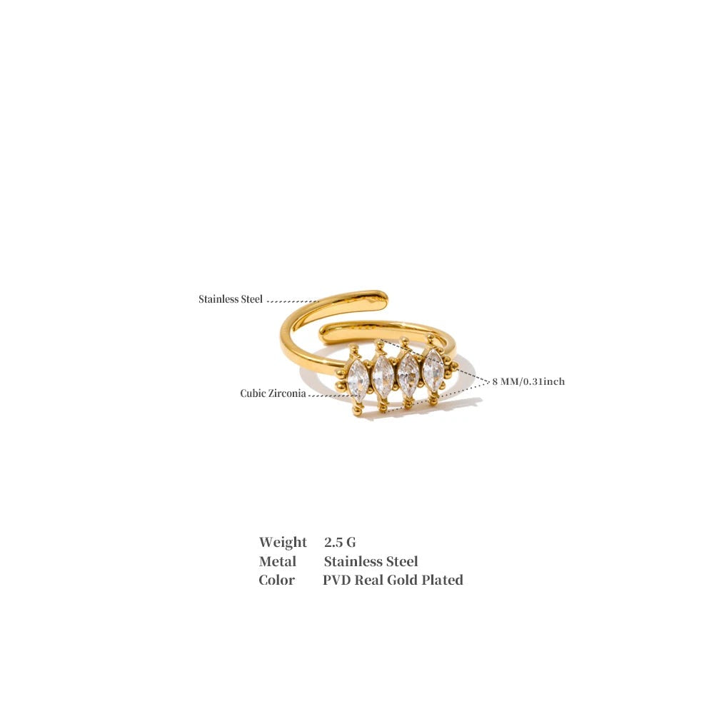 Cubic zirconia geometric ring in 18K gold-plated stainless steel with cubic zirconia.