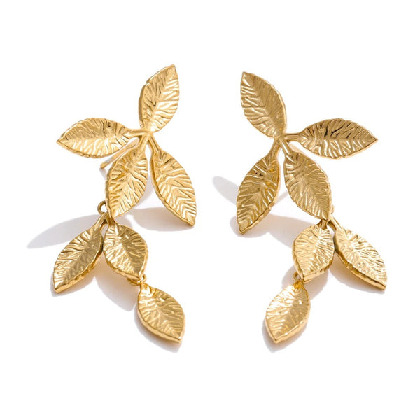Gold-plated stainless steel earrings with leaf design.