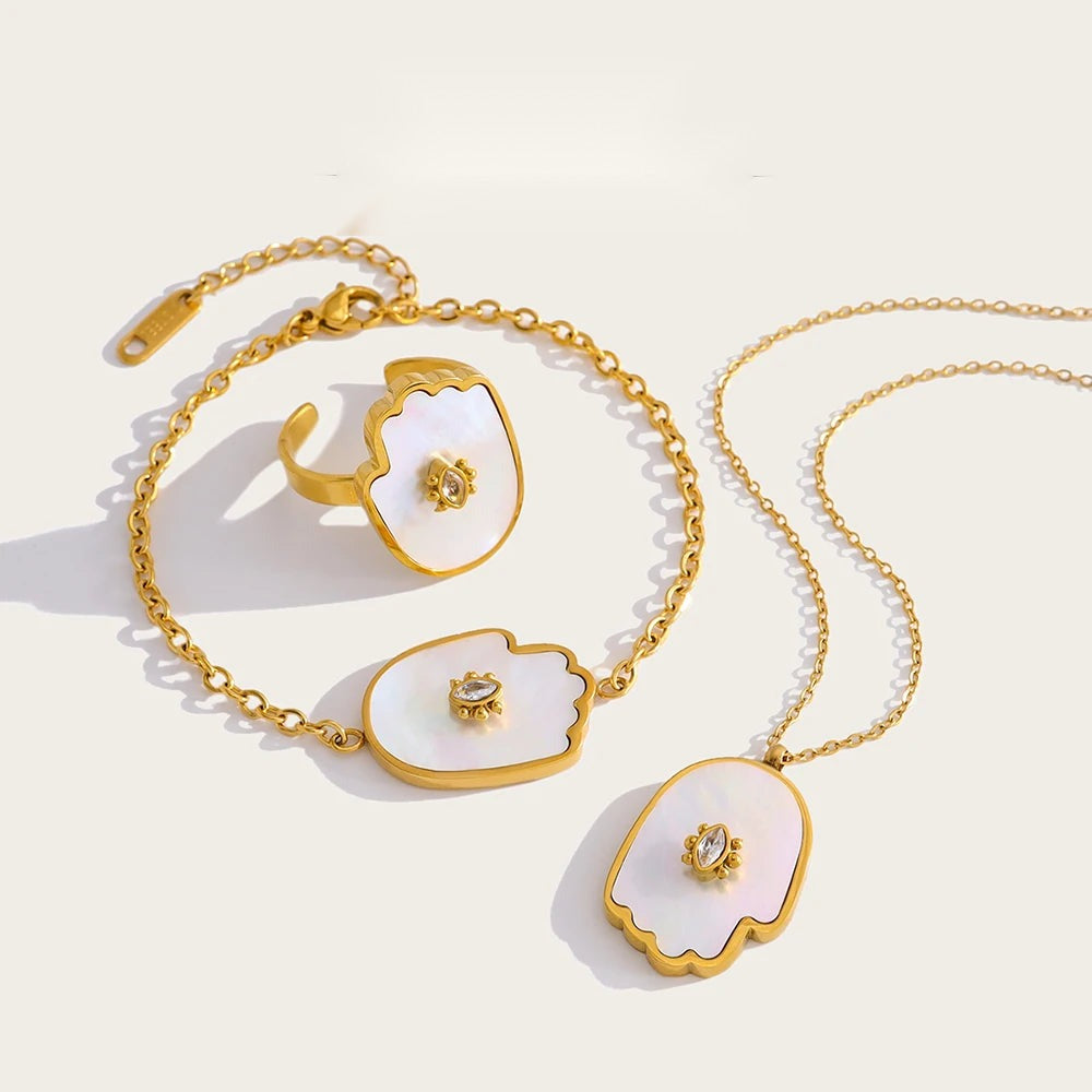 Shell Crystal Charm Necklace Ring — 316L Stainless Steel · PS434