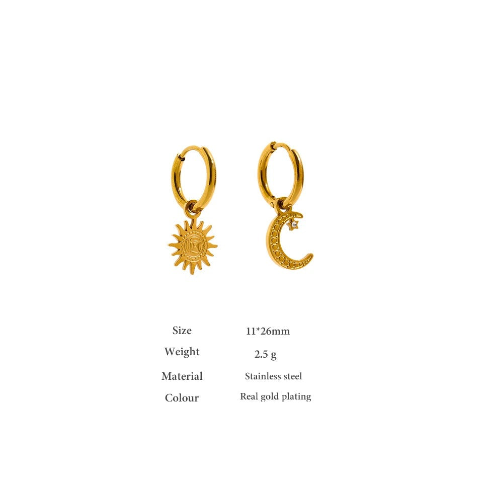 Star moon hammered earrings in gold-plated stainless steel.