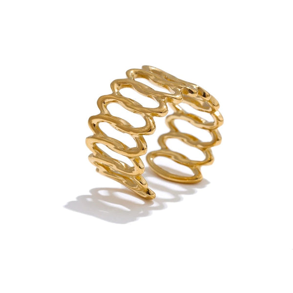 Gold-plated stainless steel ring with a large, intricate design on top.