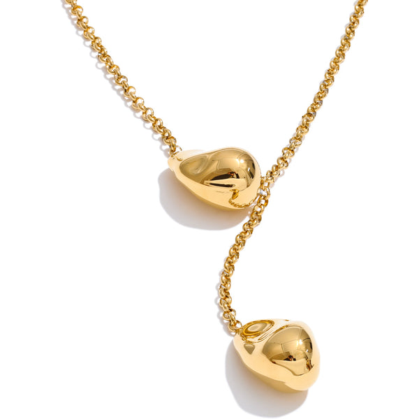 Gold-plated stainless steel necklace with two hanging heart charms.