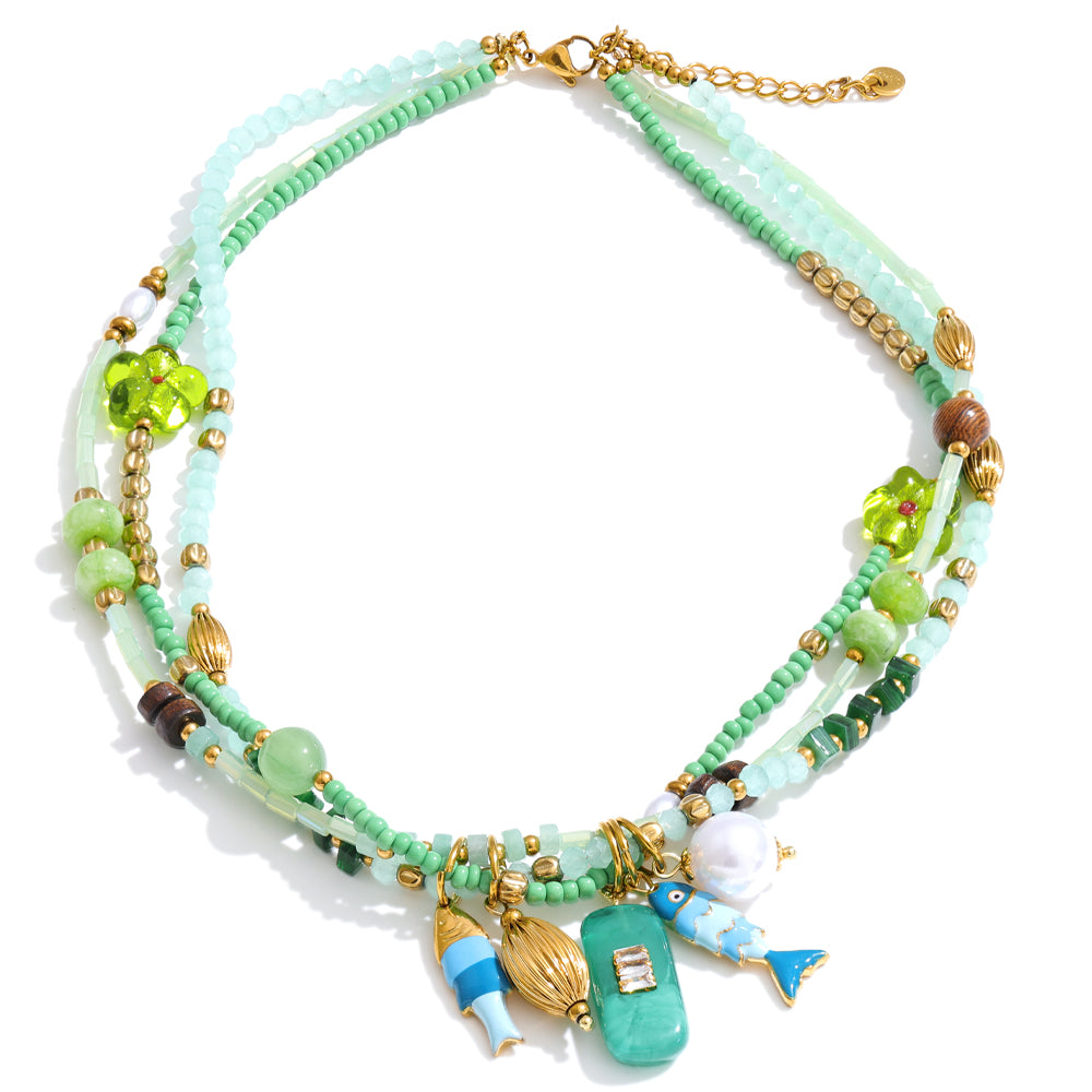 Pearl crystal geometric necklace in gold-plated stainless steel with pearl and crystal.