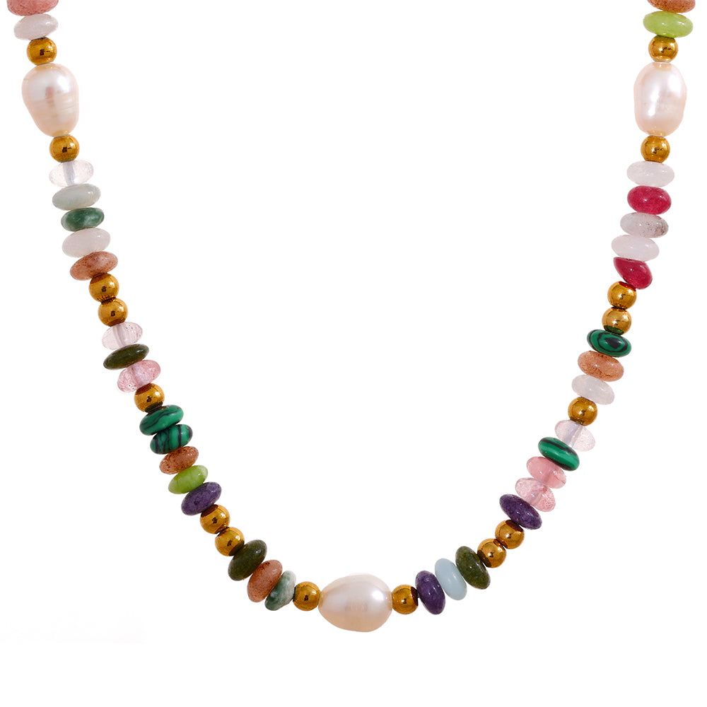 Freshwater pearl natural stone multi-color necklace in gold-plated stainless steel with freshwater pearl and natural stone.